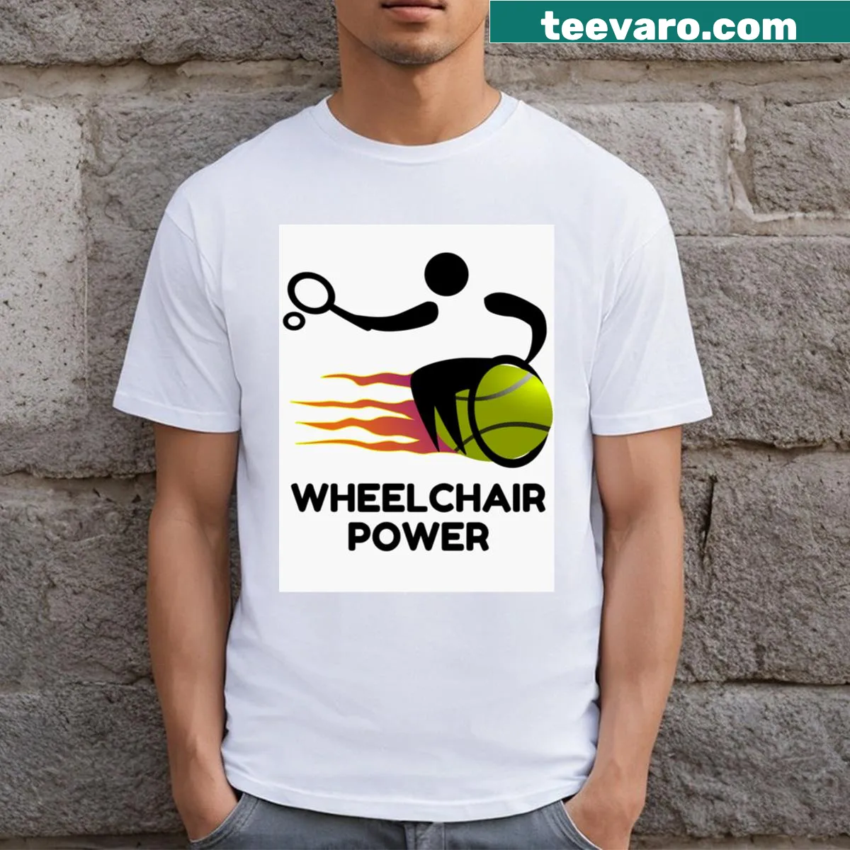 Dynamic T-shirt with wheelchair tennis player and flames — on a men's t-shirt