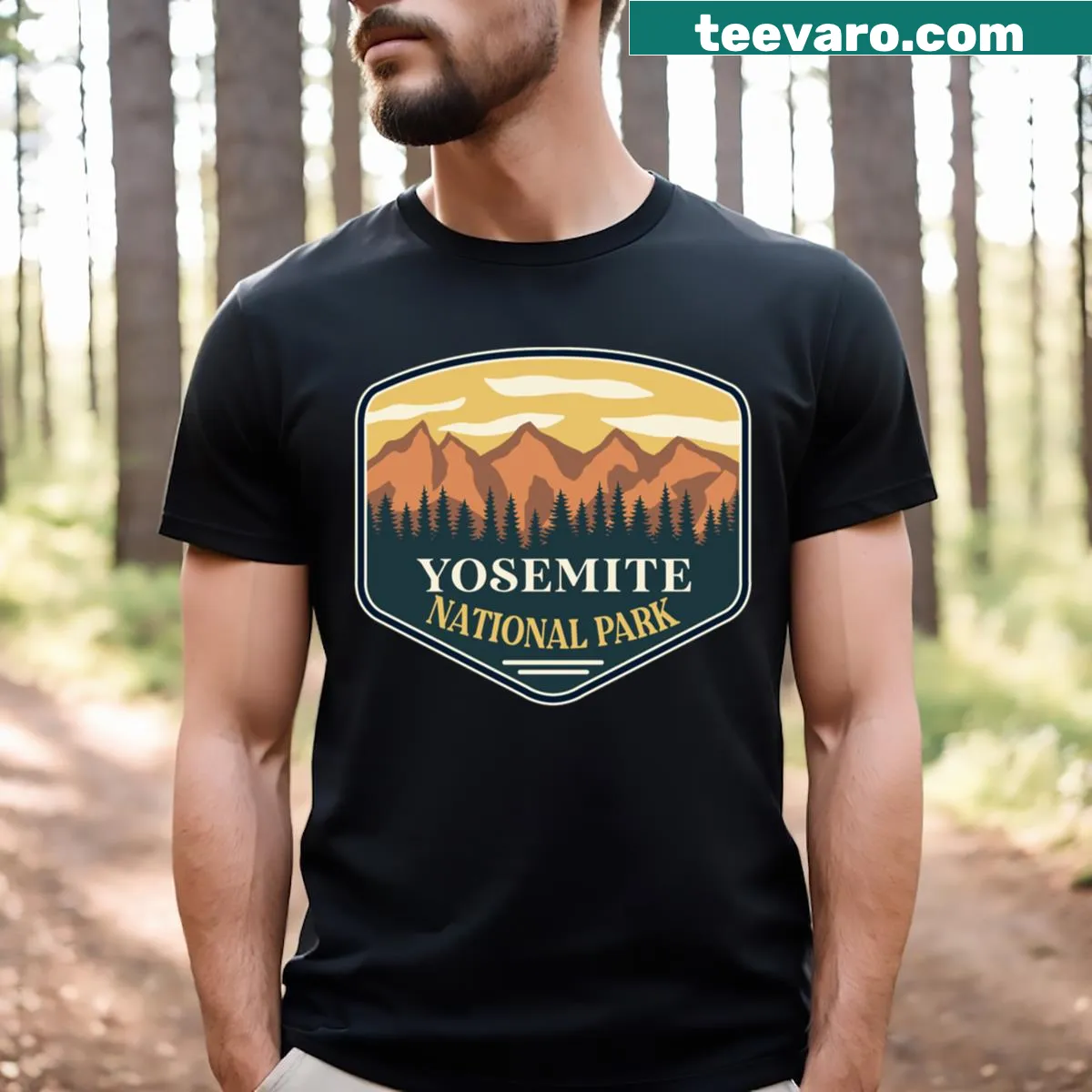 Illustration of Yosemite National Park with trees and cliffs — on a men's t-shirt
