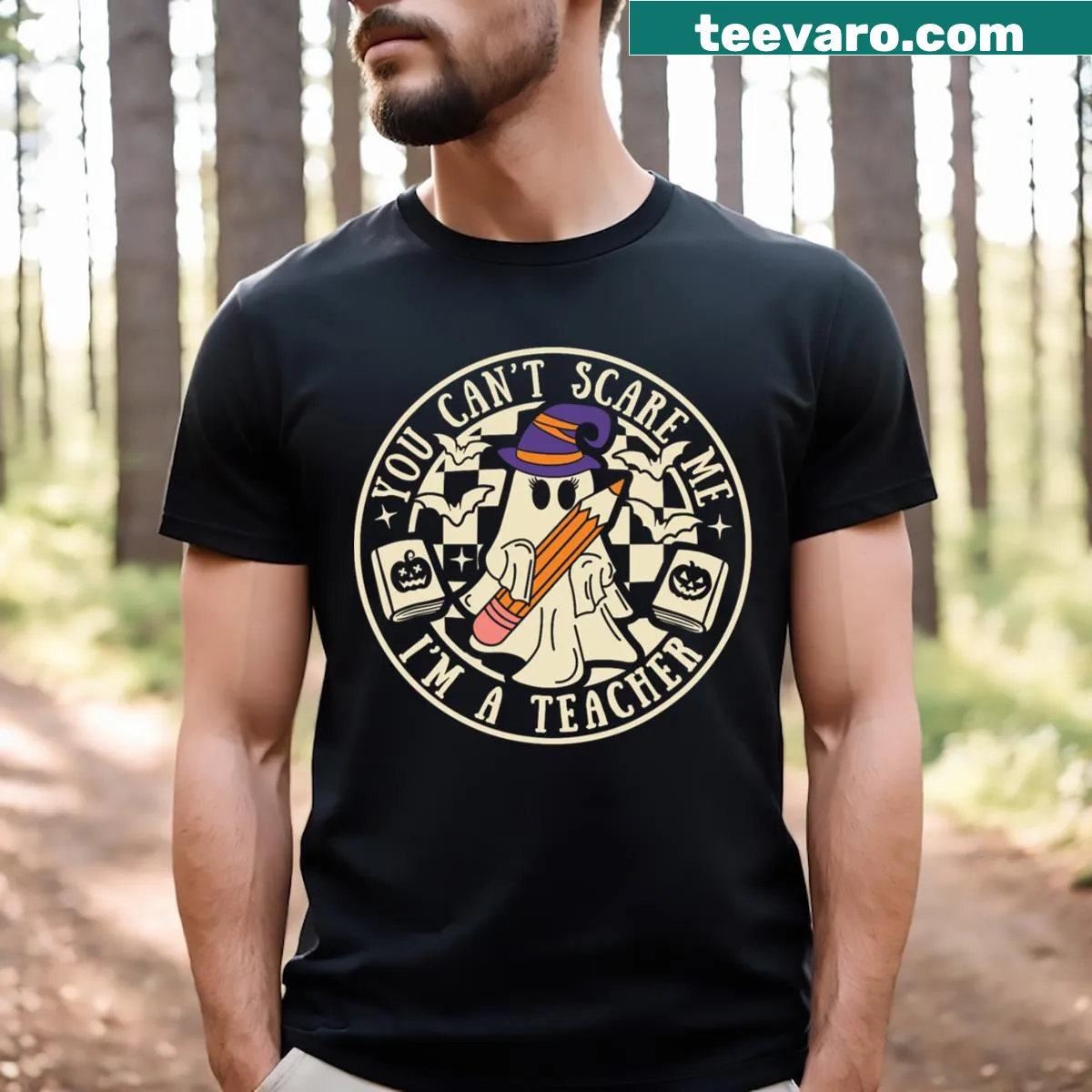 Cute ghost design with text 'You Can't Scare Me I'm A Teacher' — on a men's t-shirt