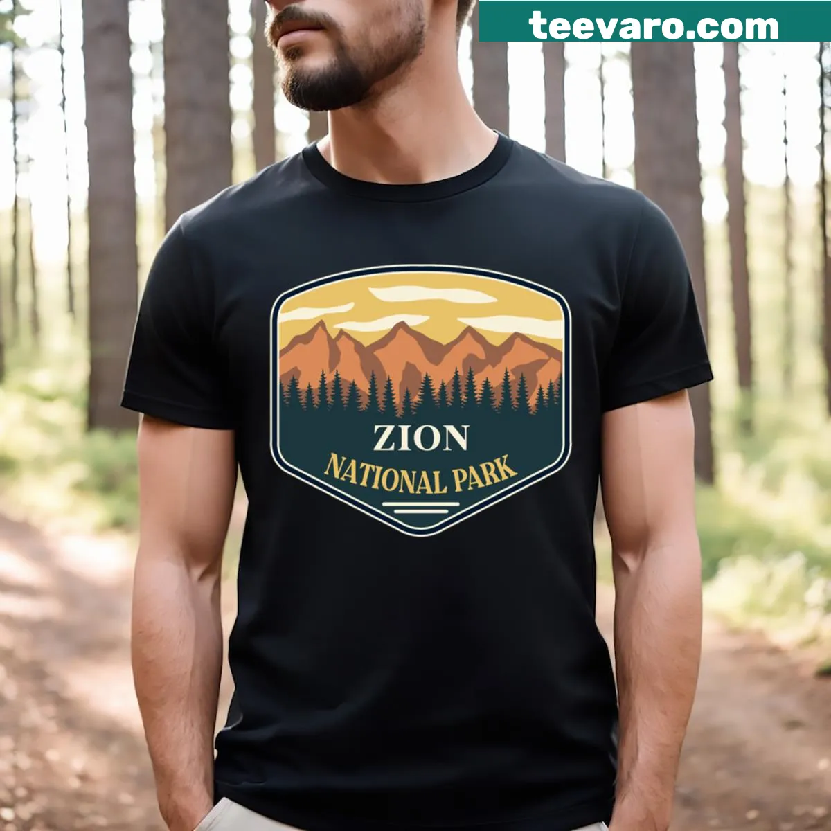 Illustration of Zion National Park with cliffs and landscapes — on a men's t-shirt
