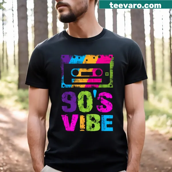 Vintage-style T-shirt celebrating 1990s music culture with playful graphics