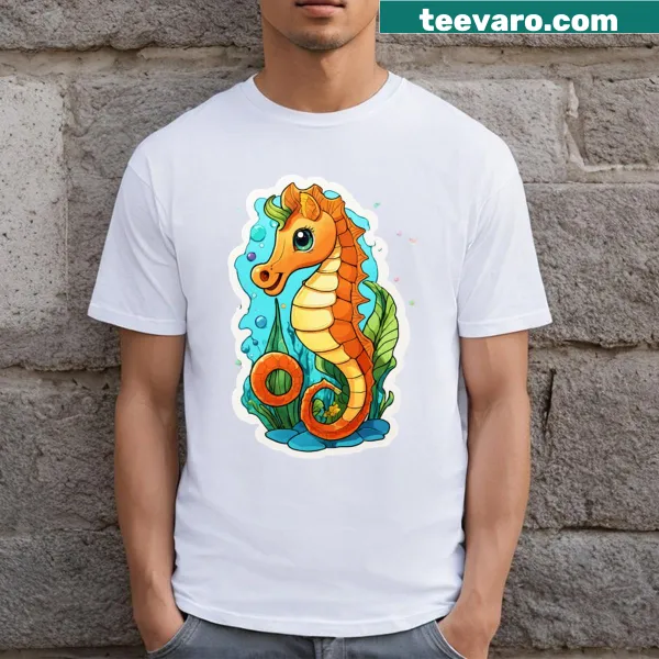 Cute seahorse illustration on a marine-themed T-shirt