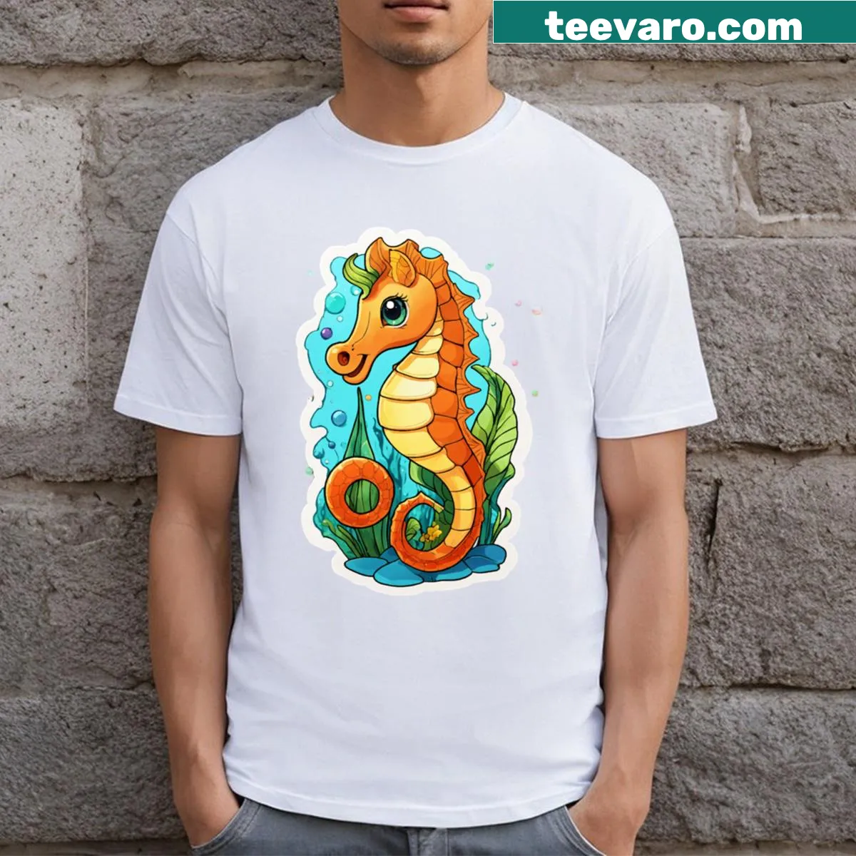 Cute seahorse illustration on a marine-themed T-shirt — on a men's t-shirt