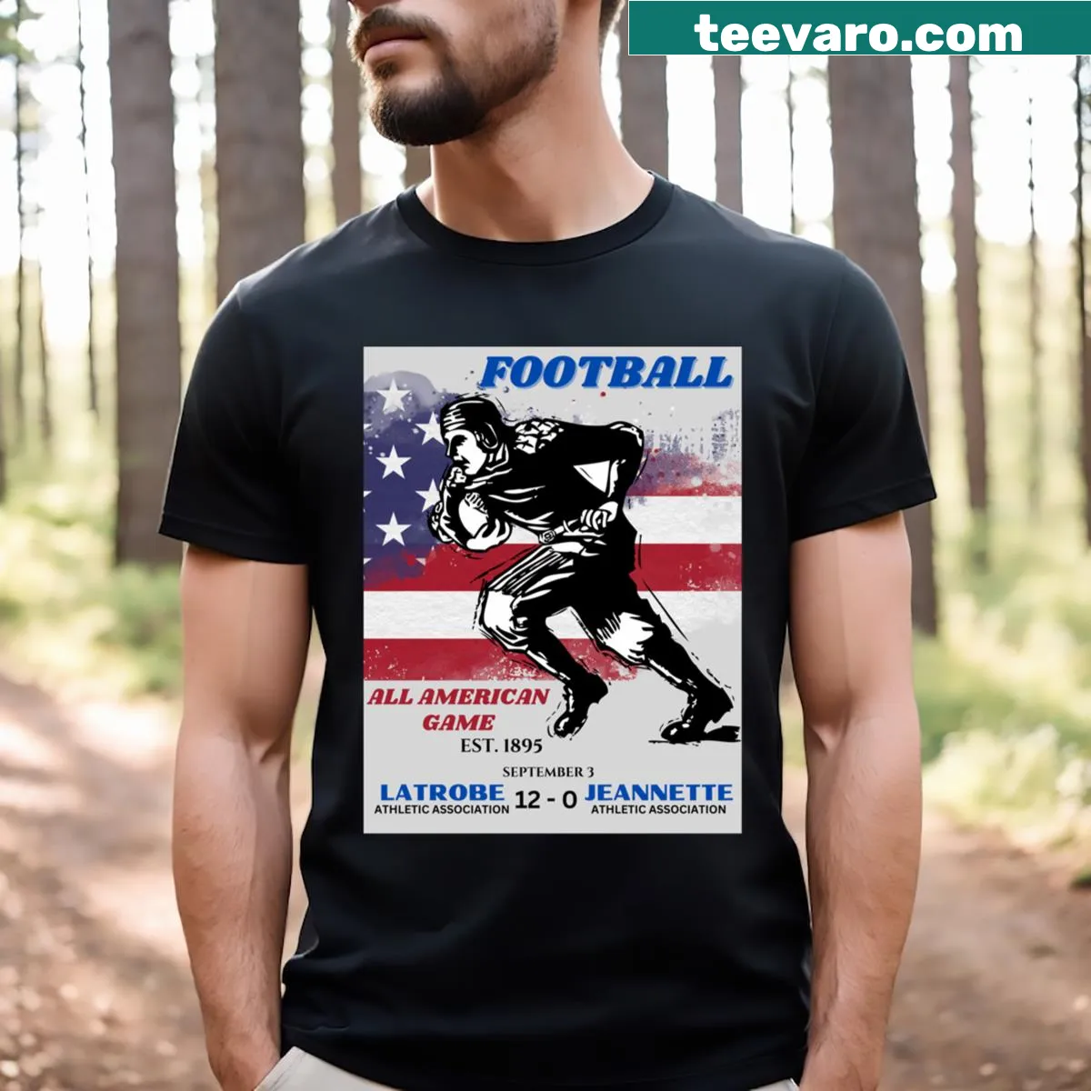 T-shirt featuring an American sports-themed graphic promoting team spirit. — on a men's t-shirt