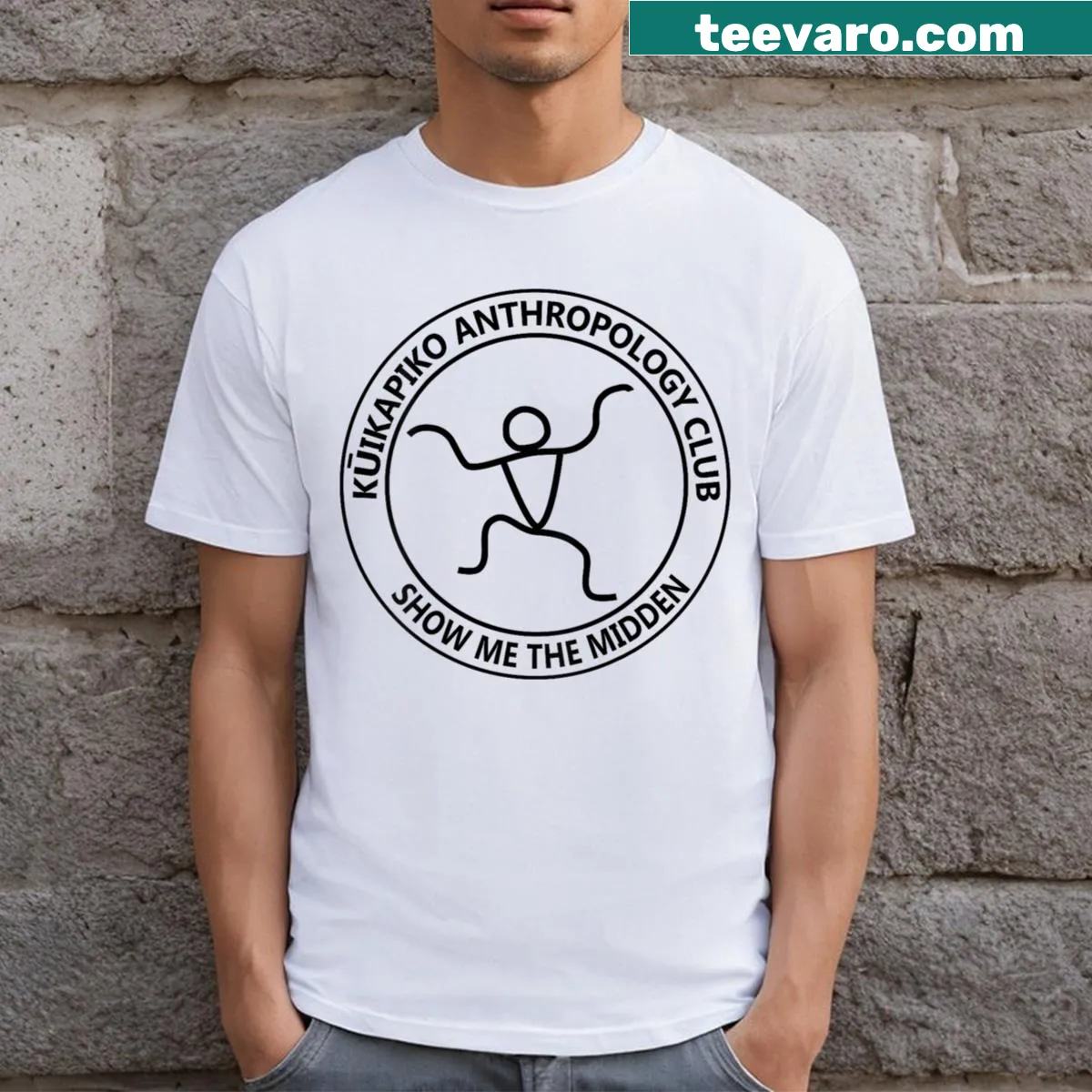 Anthropology Club logo in black font on a T-shirt — on a men's t-shirt