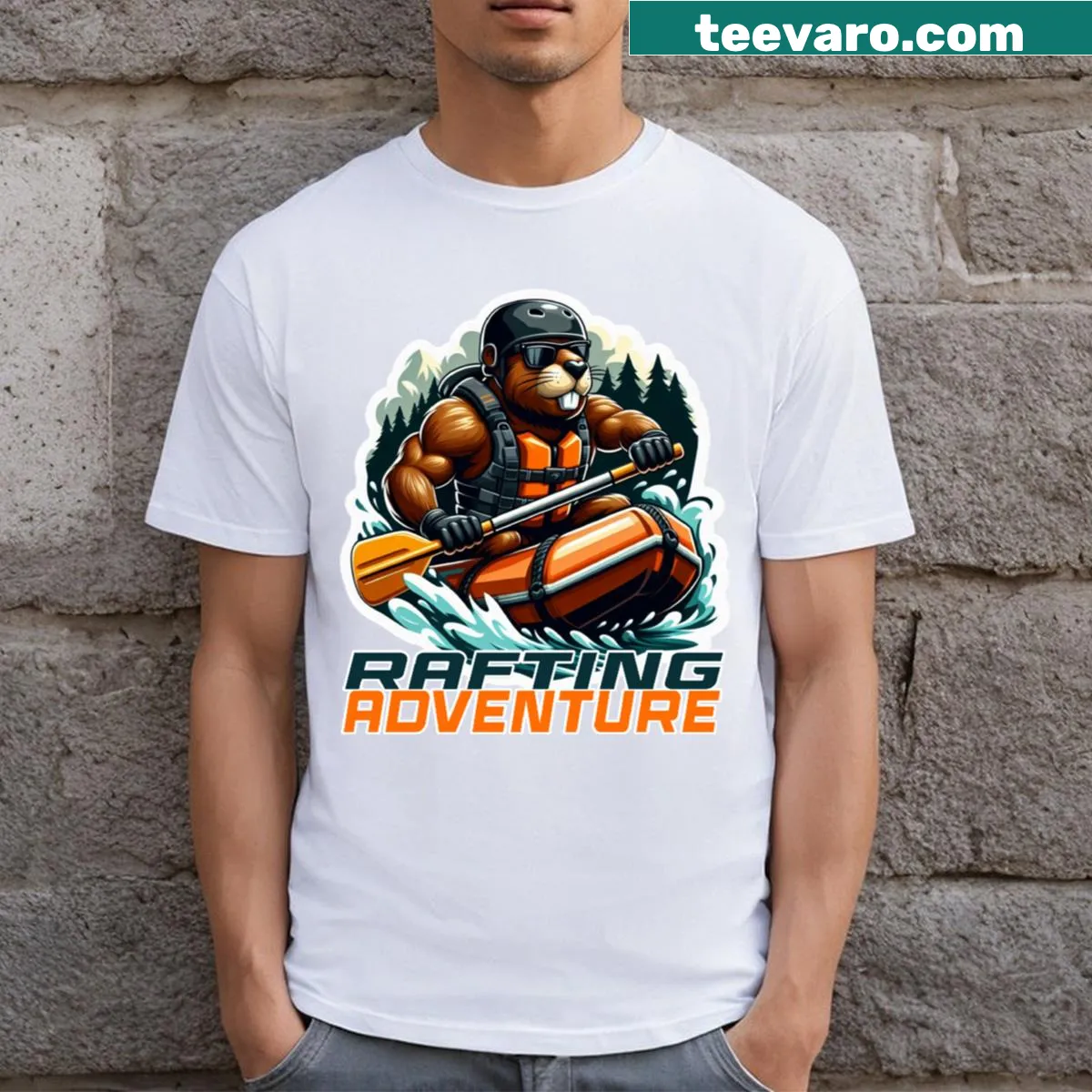T-shirt featuring a playful graphic of a beaver rafting. — on a men's t-shirt