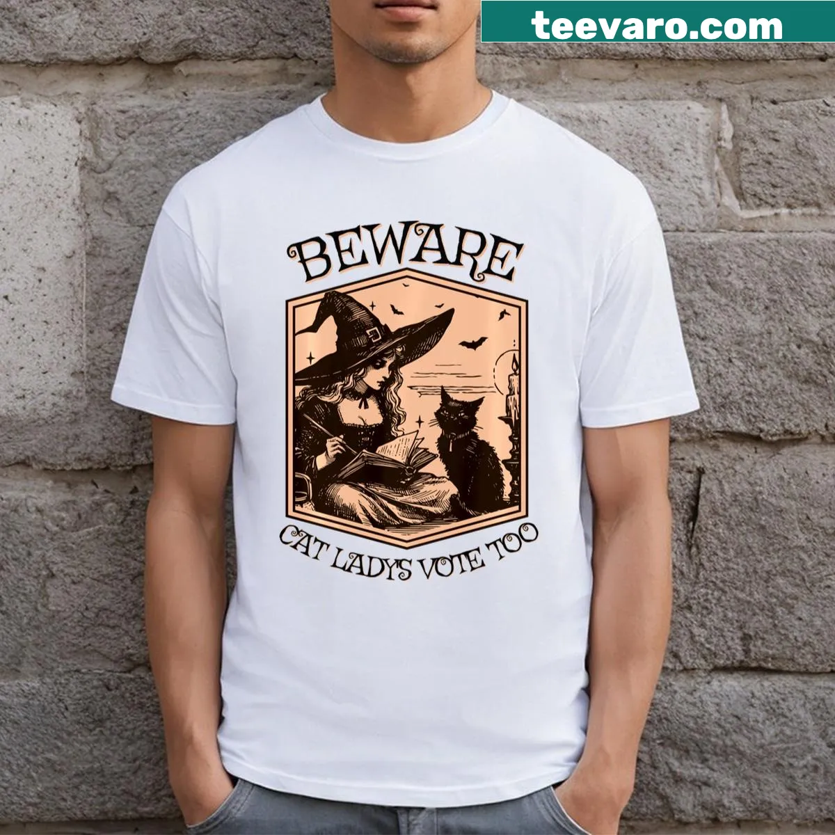 Cartoon witch graphic with slogan about cat ladies and voting — on a men's t-shirt