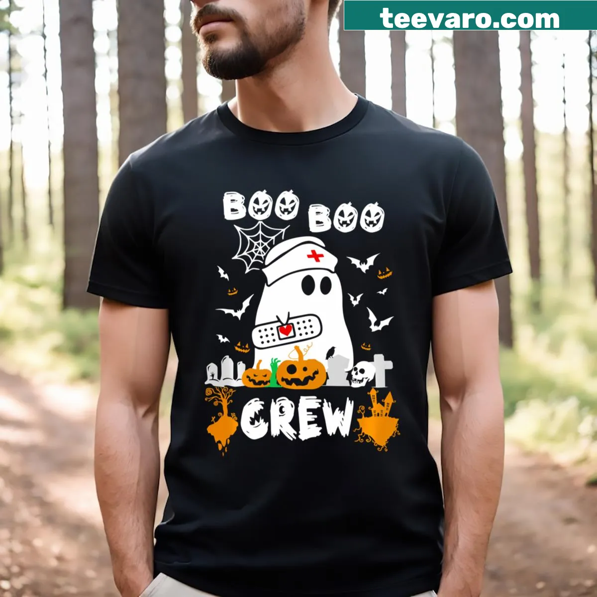 Funny Halloween shirt featuring ghost nurse design and saying — on a men's t-shirt