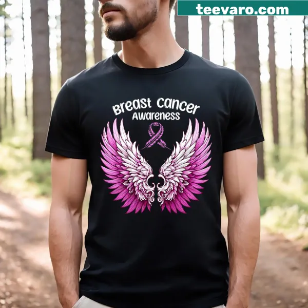 Illustrated feathers with a message for breast cancer awareness on a T-shirt