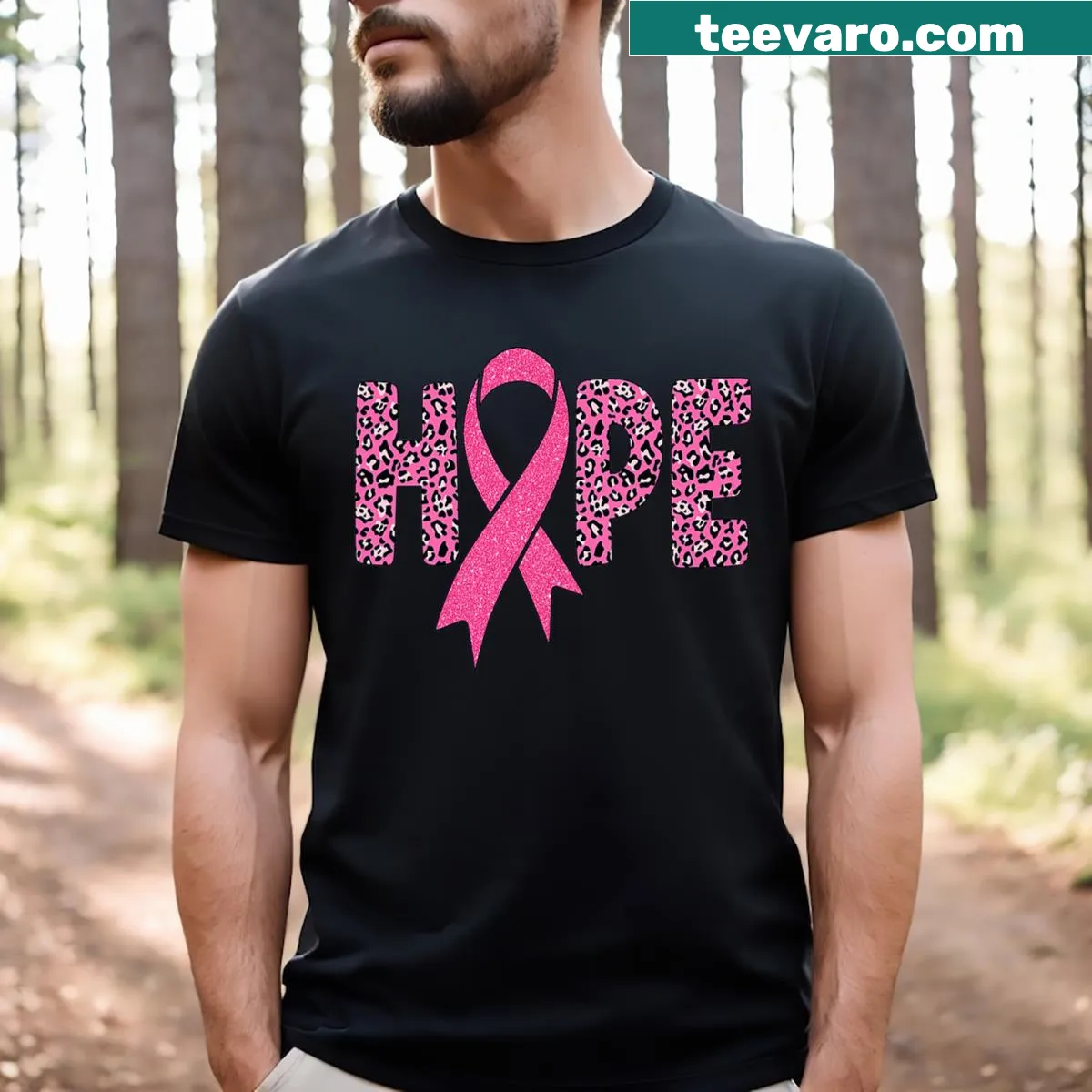 Inspirational t-shirt with leopard print ribbon for Breast Cancer Awareness — on a men's t-shirt
