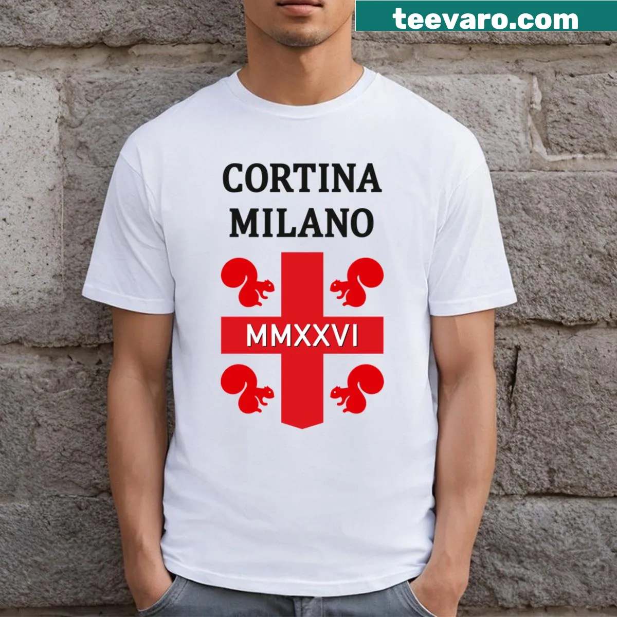 Illustrative T-shirt of Cortina Dampezzo ski resort in the Alps — on a men's t-shirt