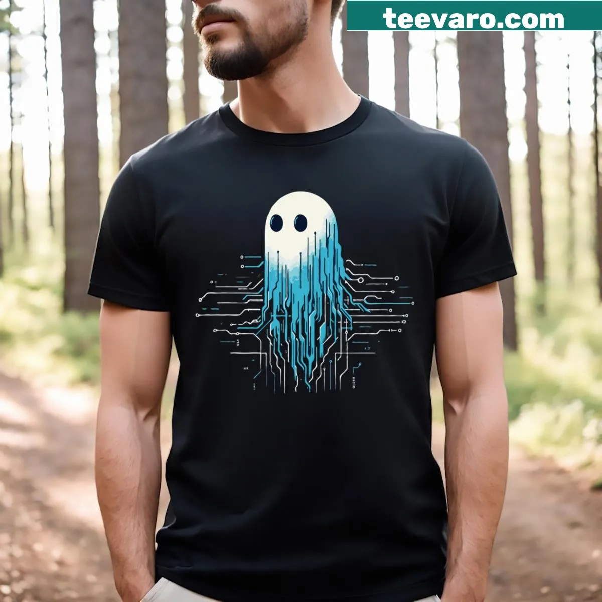 Illustration of a ghost with computer elements for a tech-inspired T-shirt — on a men's t-shirt