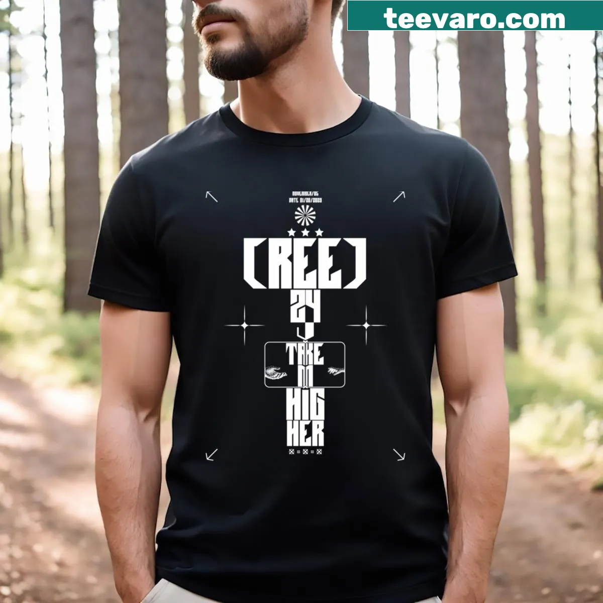Inspirational typography on a T-shirt featuring 'Creed 24 Take Me Higher' slogan — on a men's t-shirt