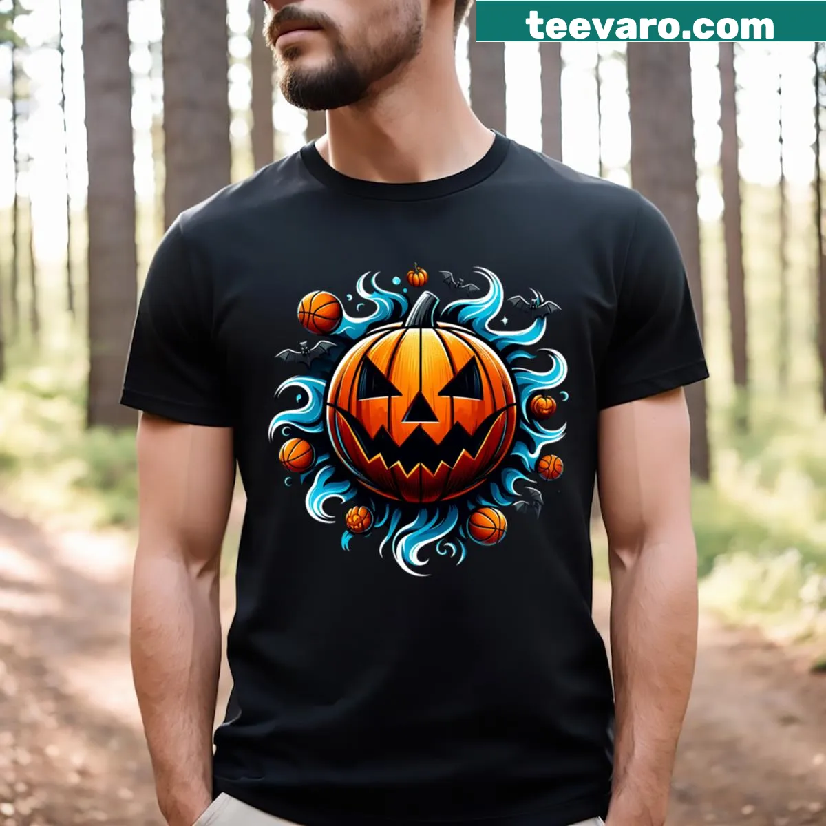 Halloween skeleton playing basketball in a cute cartoon style — on a men's t-shirt