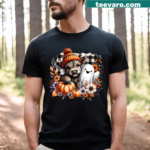 Cute autumn Highland cow ghost graphic on t-shirt