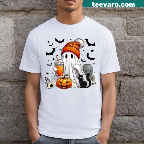 Cute ghost character drinking iced coffee for Halloween t-shirt