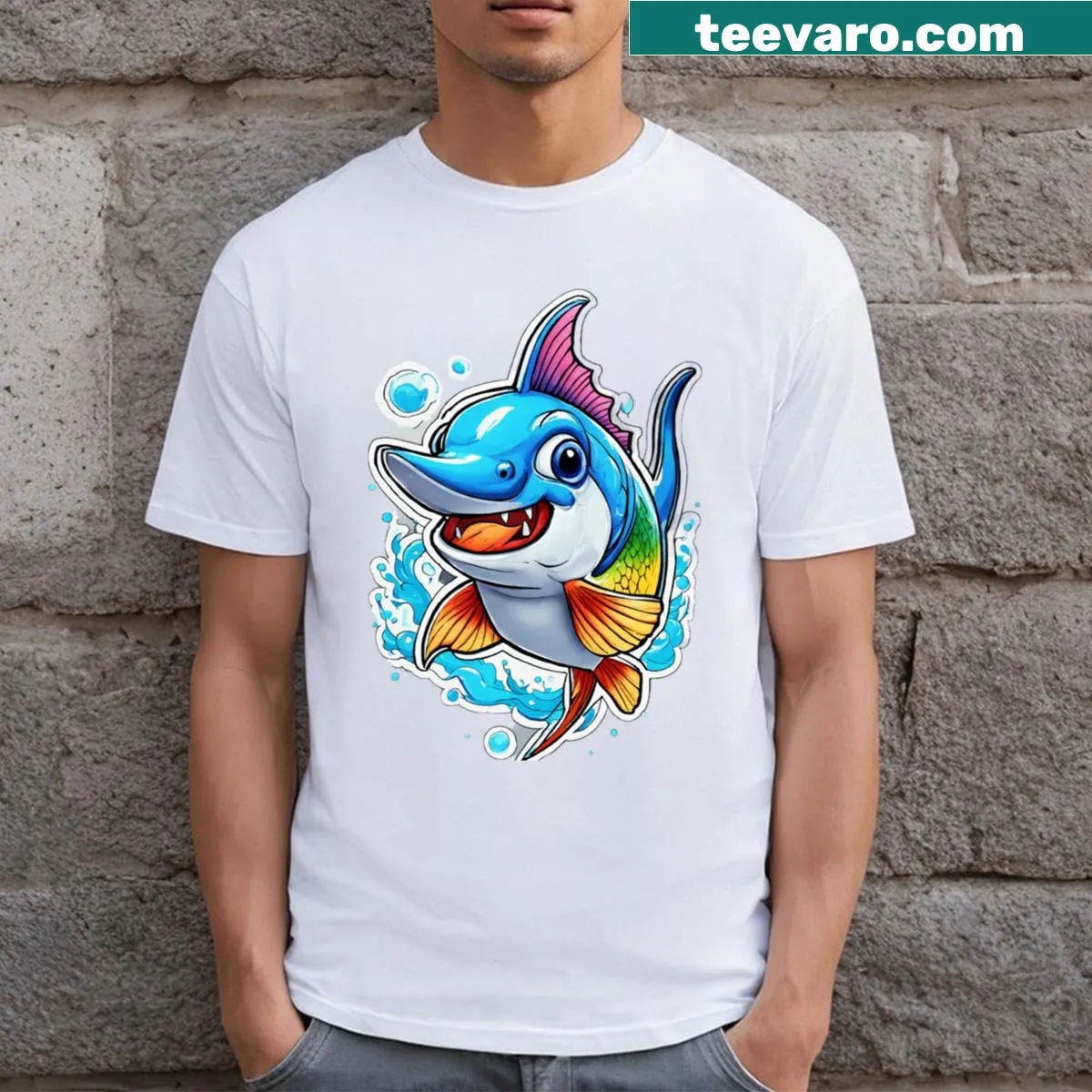 Cute illustration of a swordfish on a playful T-shirt — on a men's t-shirt