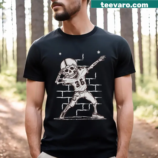 Dabbing skeleton soccer player graphic on a T-shirt