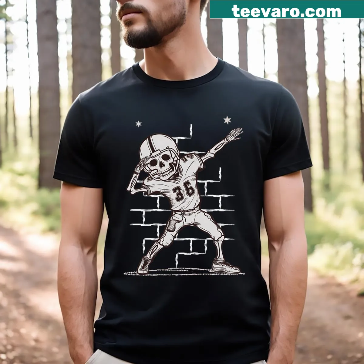 Dabbing skeleton soccer player graphic on a T-shirt — on a men's t-shirt
