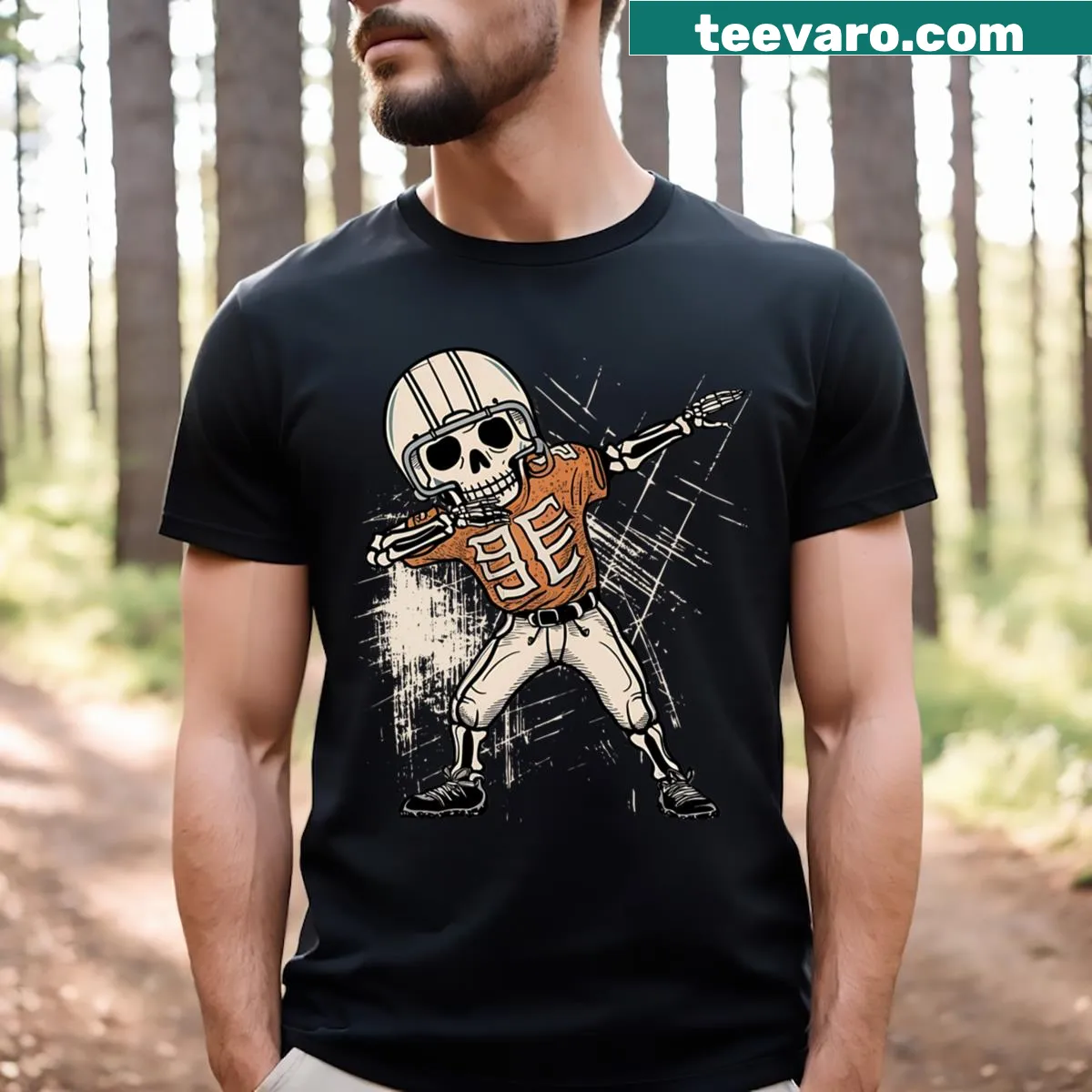 Spooky dabbing skeleton soccer player T-shirt — on a men's t-shirt