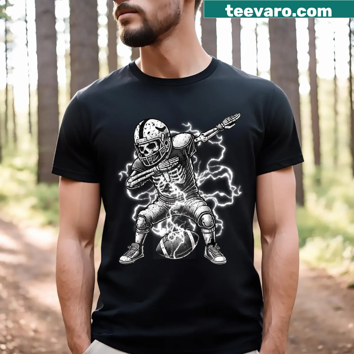 Cartoon skeleton dabbing in soccer attire, Halloween-themed t-shirt — on a men's t-shirt