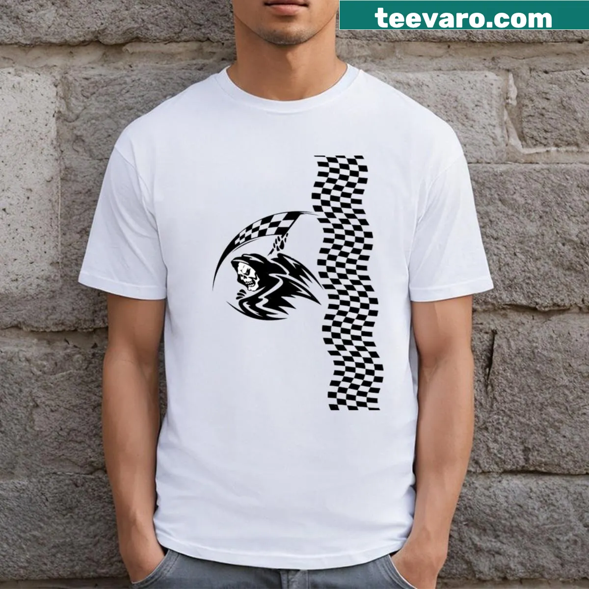 Illustration of a skeleton racing car driver on a t-shirt — on a men's t-shirt
