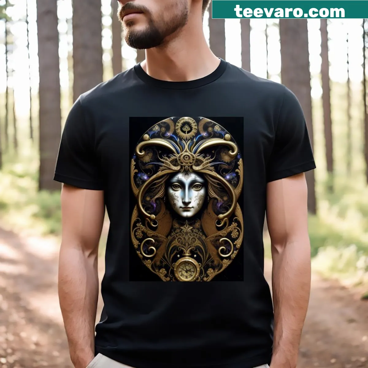 Devine Mona Lisa t-shirt featuring a stylized art graphic. — on a men's t-shirt