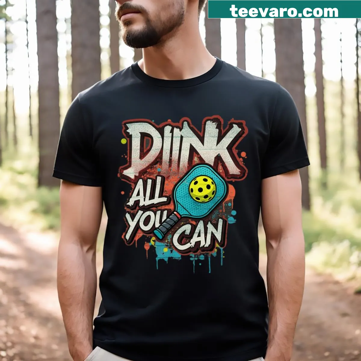 T-shirt featuring playful pickleball-themed design and text — on a men's t-shirt