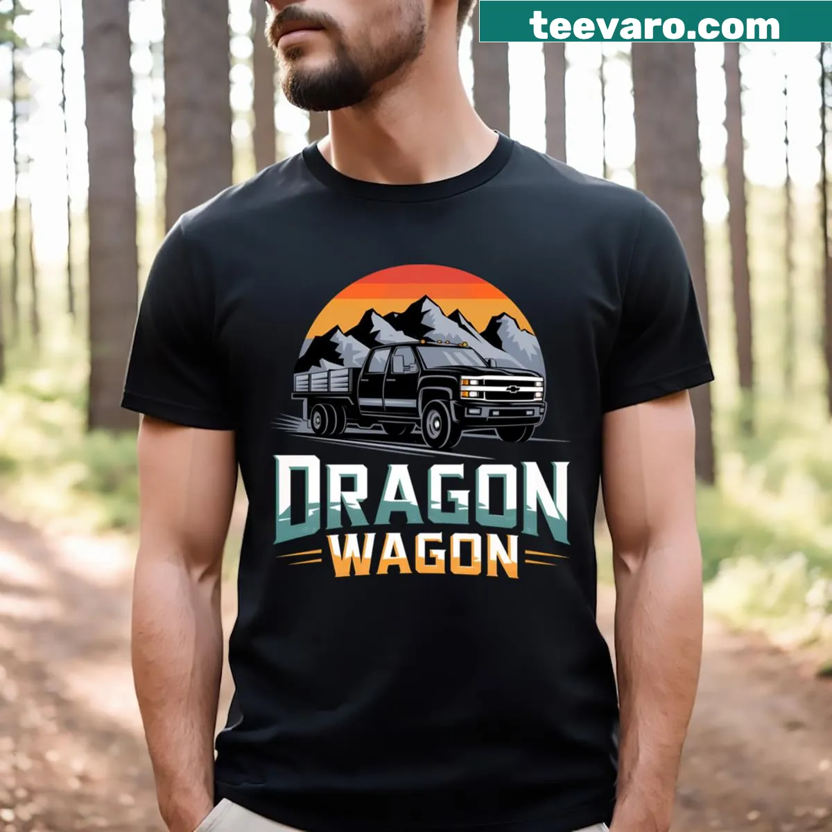 Dragon Wagon Vintage Chevy Pickup Truck graphic on T-shirt. — on a men's t-shirt