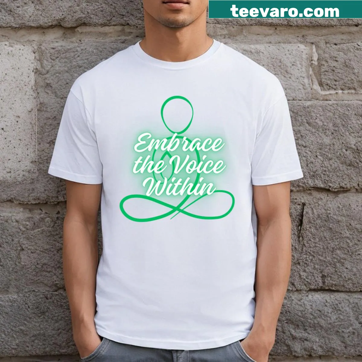 Green t-shirt with the text 'Embrace The Voice Within' in a bold typography design — on a men's t-shirt