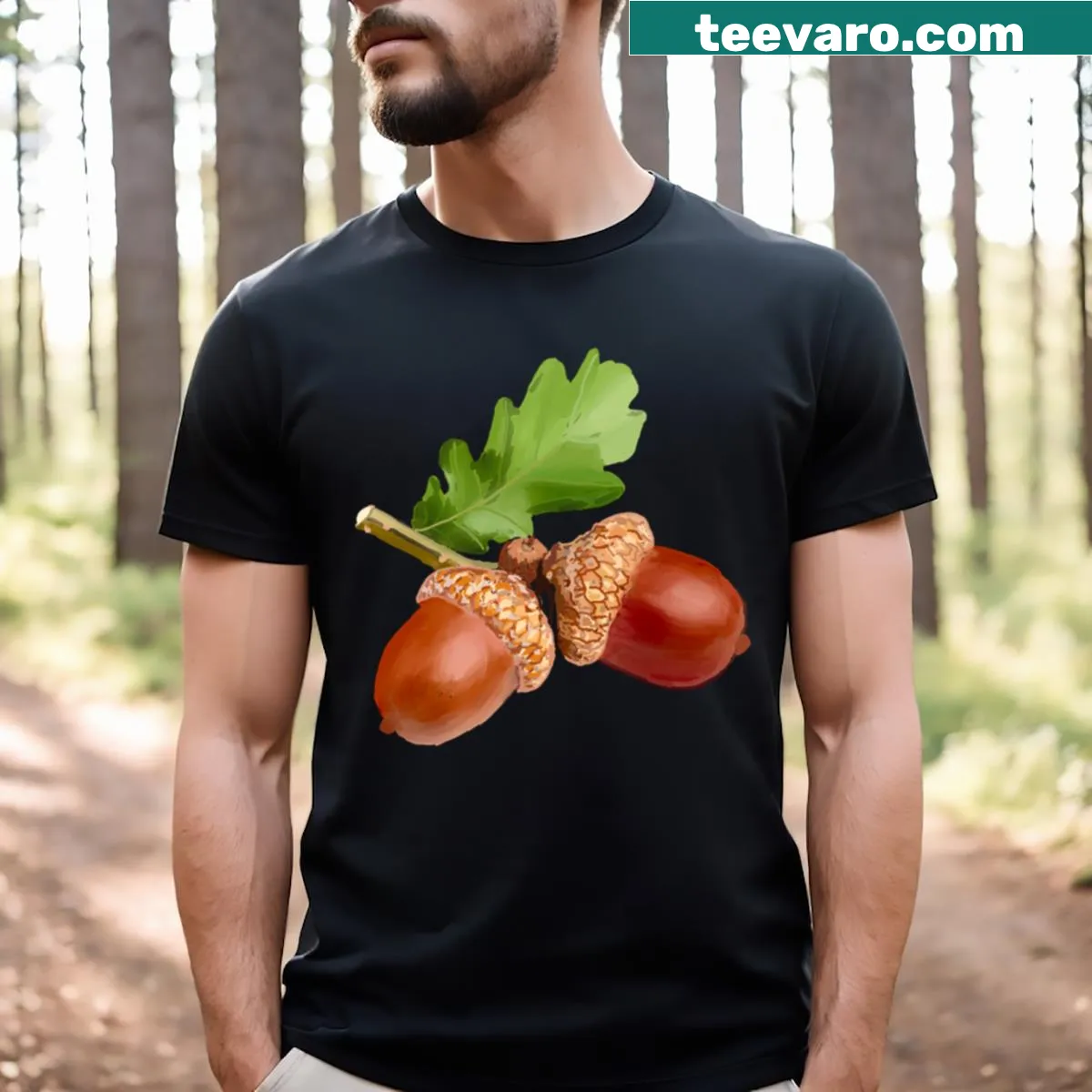 Charming fall-themed design with acorns on T-shirt — on a men's t-shirt