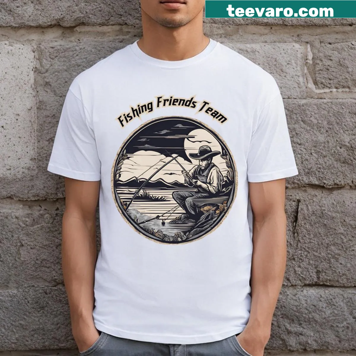 Illustration of fishing rods and aquatic elements on a team T-shirt — on a men's t-shirt