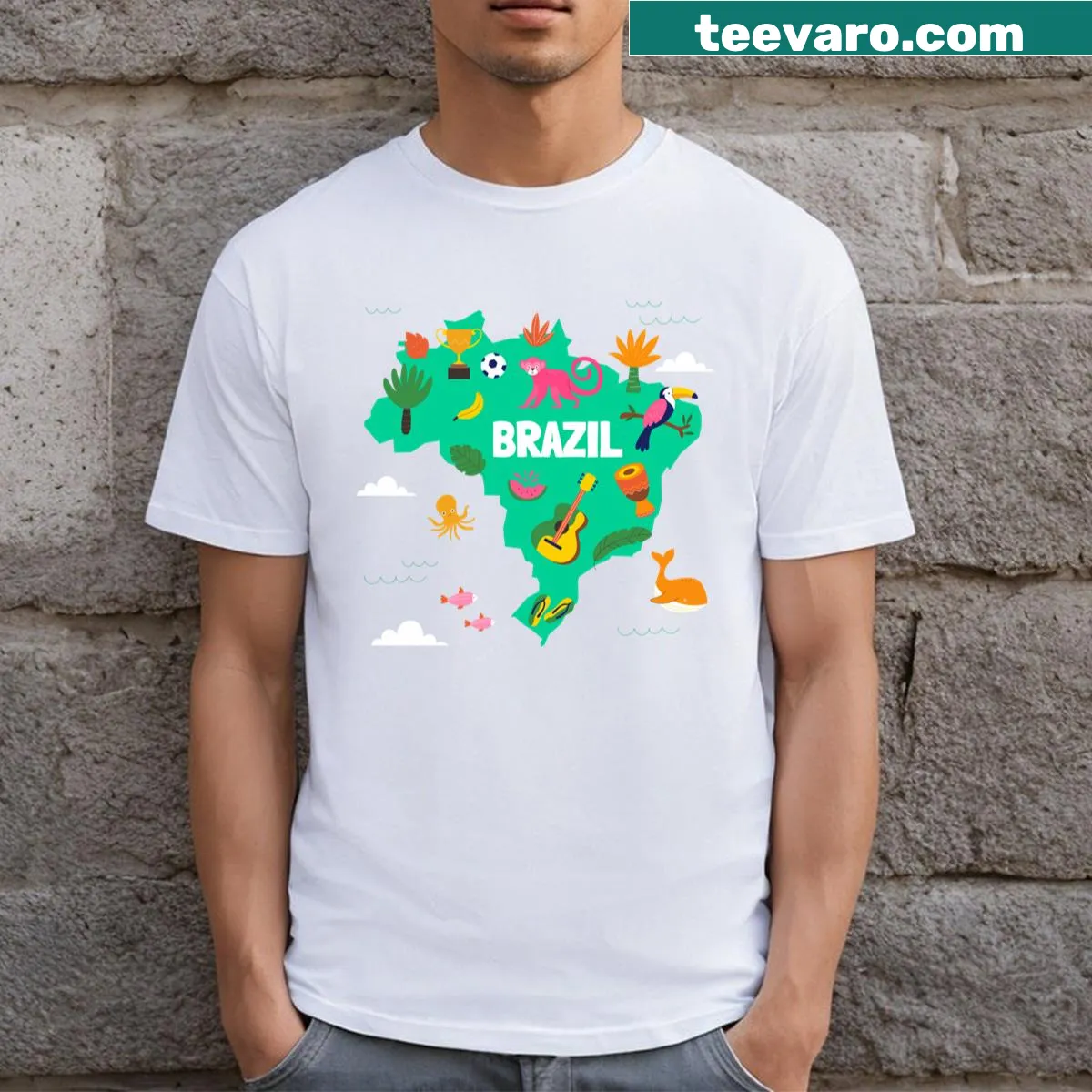Flat design graphic tee featuring a map of Brazil — on a men's t-shirt