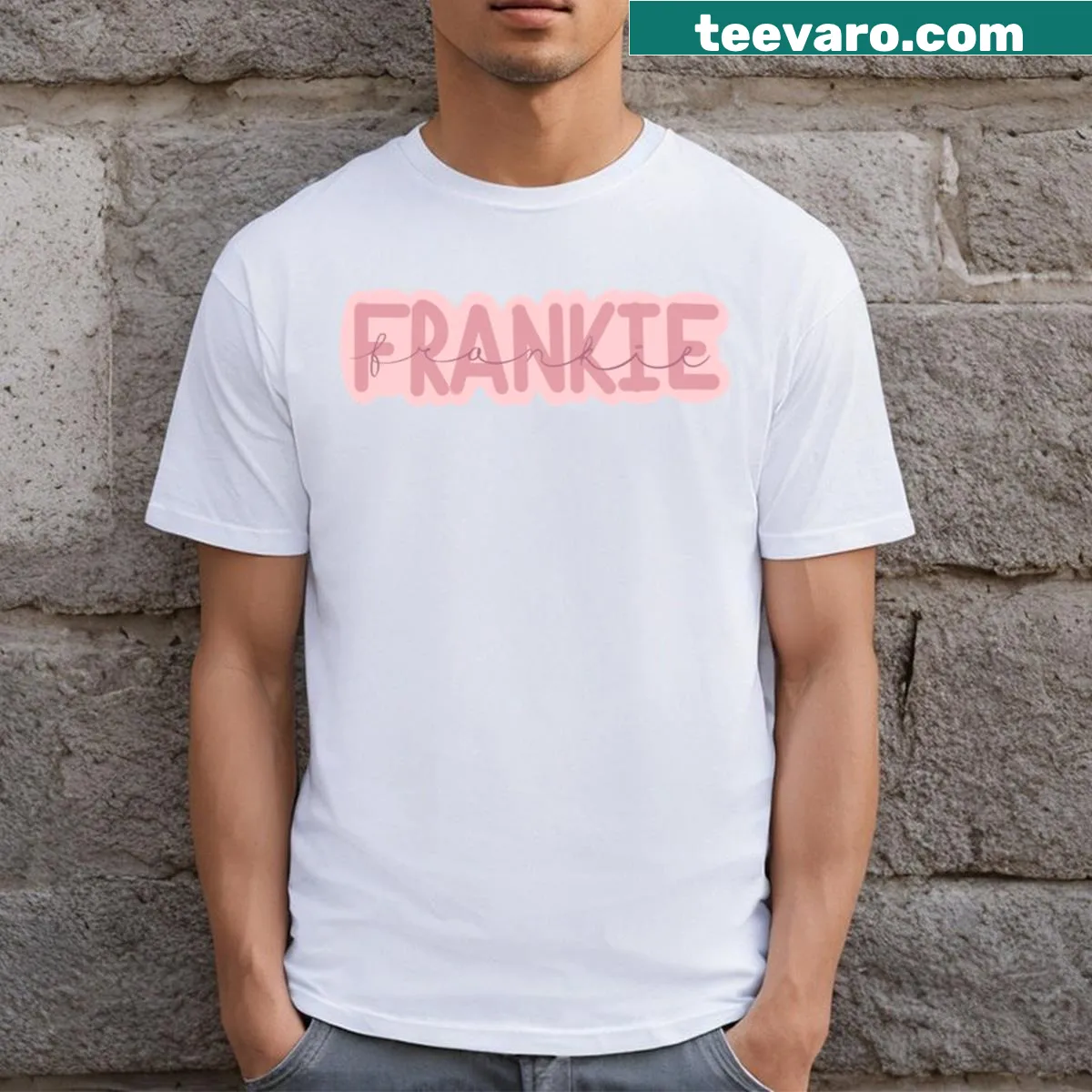 Whimsical Frankie t-shirt featuring a playful character illustration. — on a men's t-shirt