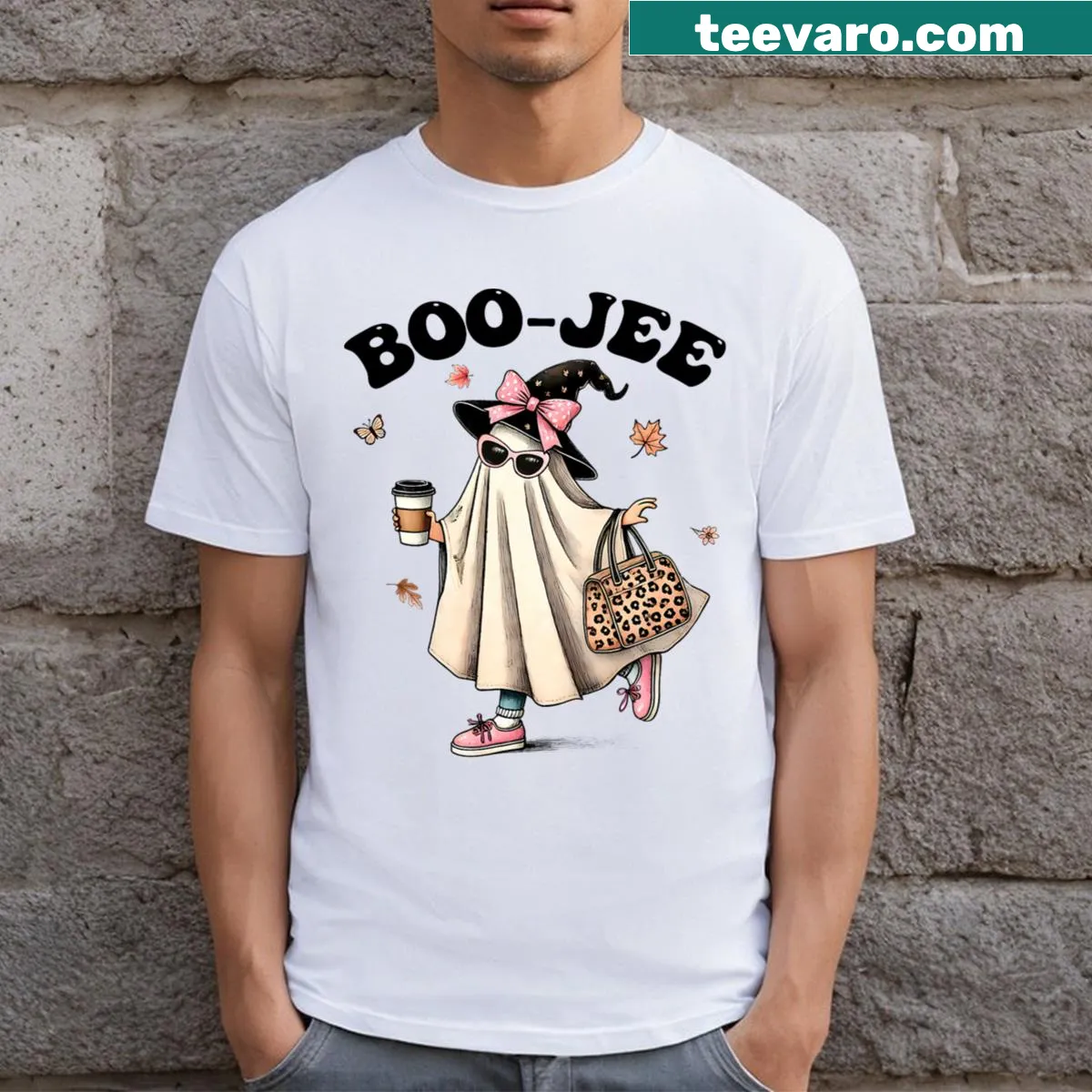 Halloween t-shirt featuring a funny ghost graphic and text 'Boo Jee' — on a men's t-shirt