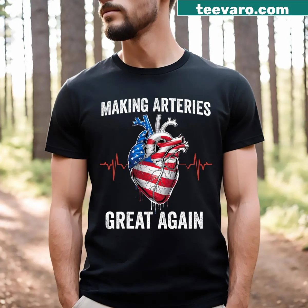 Funny T-shirt with 'Making Arteries Great Again' in bold typography — on a men's t-shirt