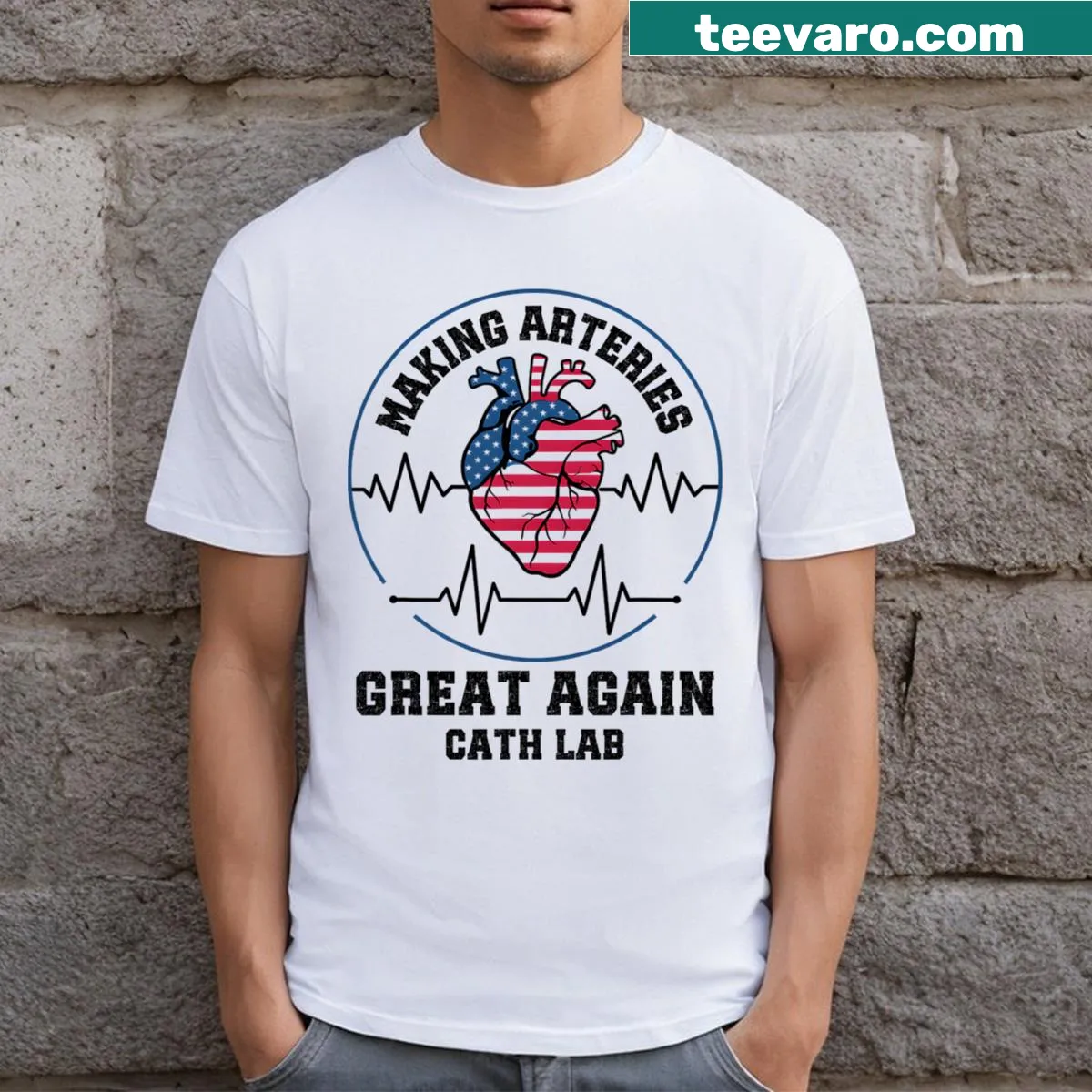 Witty cardiac-themed t-shirt with a humorous slogan for medical professionals. — on a men's t-shirt