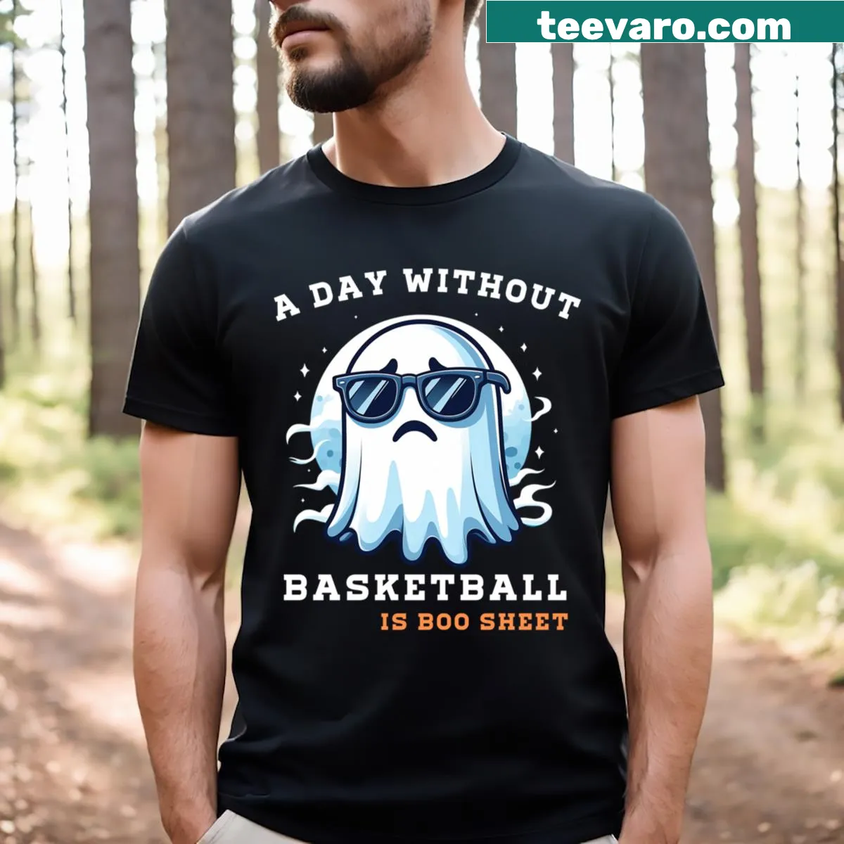 Ghost basketball player graphic on Halloween-themed T-shirt — on a men's t-shirt