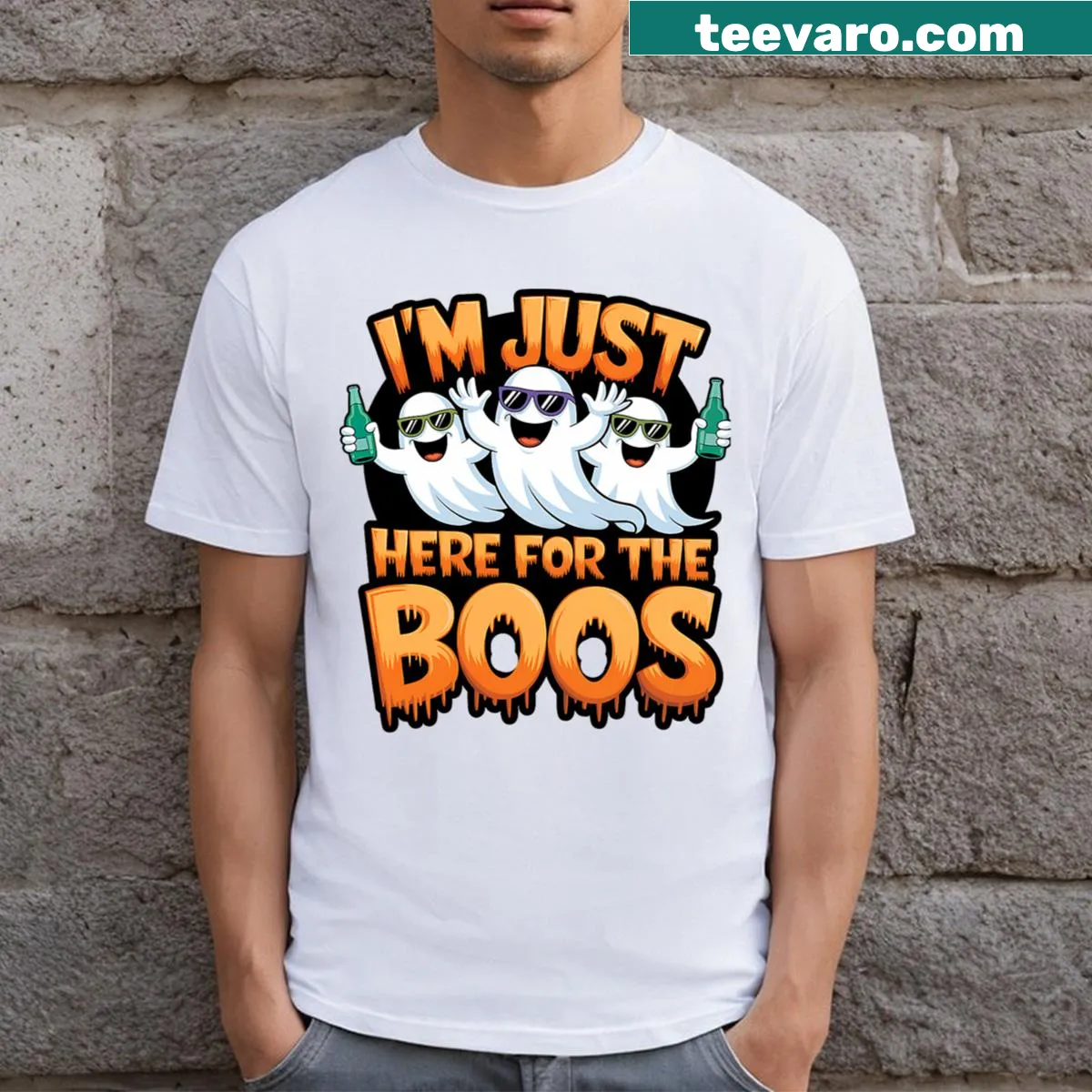 Halloween t-shirt featuring a funny ghost with pumpkins and 'Boo Boos' text — on a men's t-shirt