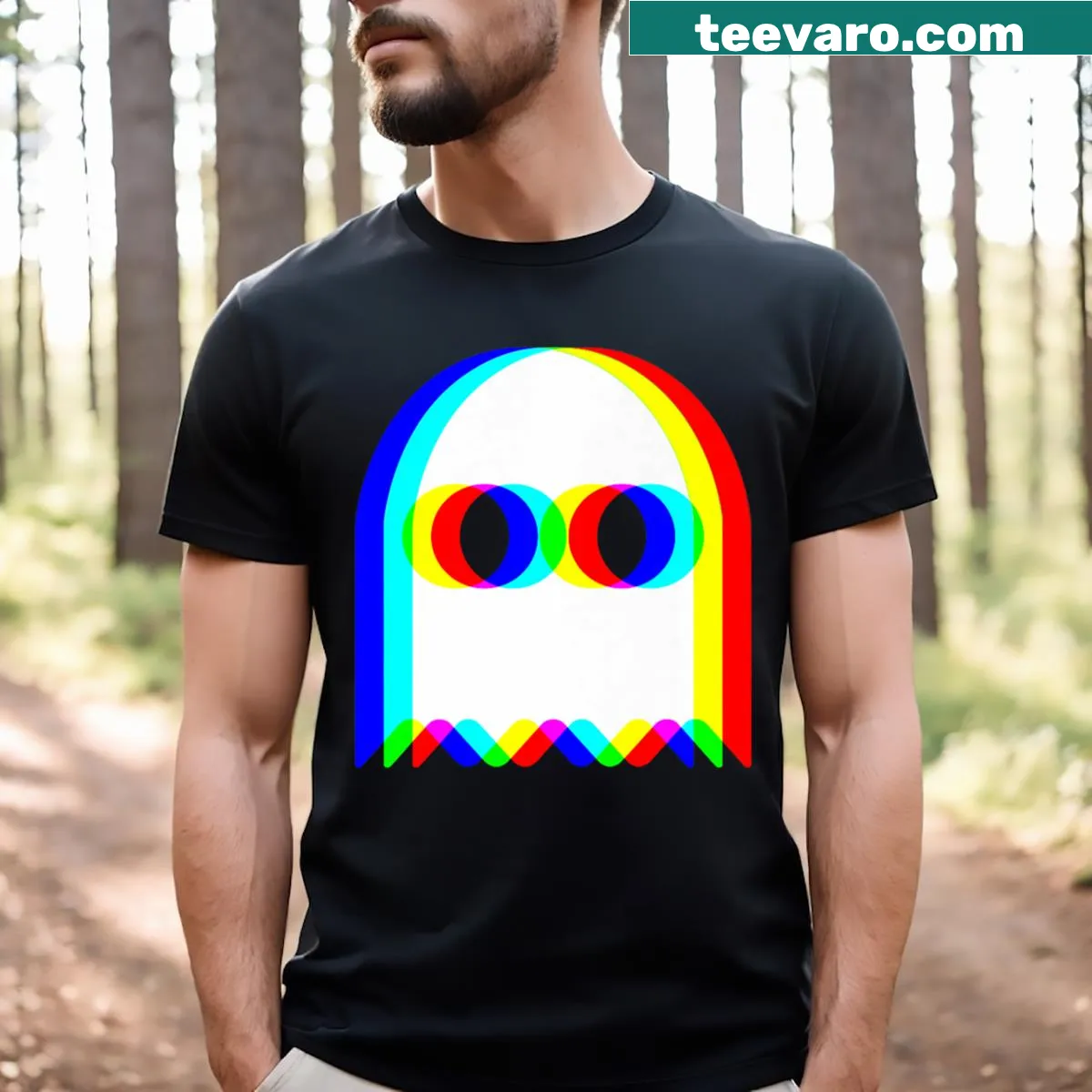 Trippy Halloween t-shirt with a ghost design for rave lovers — on a men's t-shirt