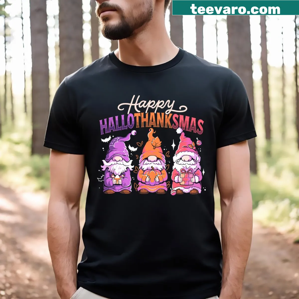 Shirt with text Happy Hallothanksmas combining Halloween, Thanksgiving, and Christmas — on a men's t-shirt