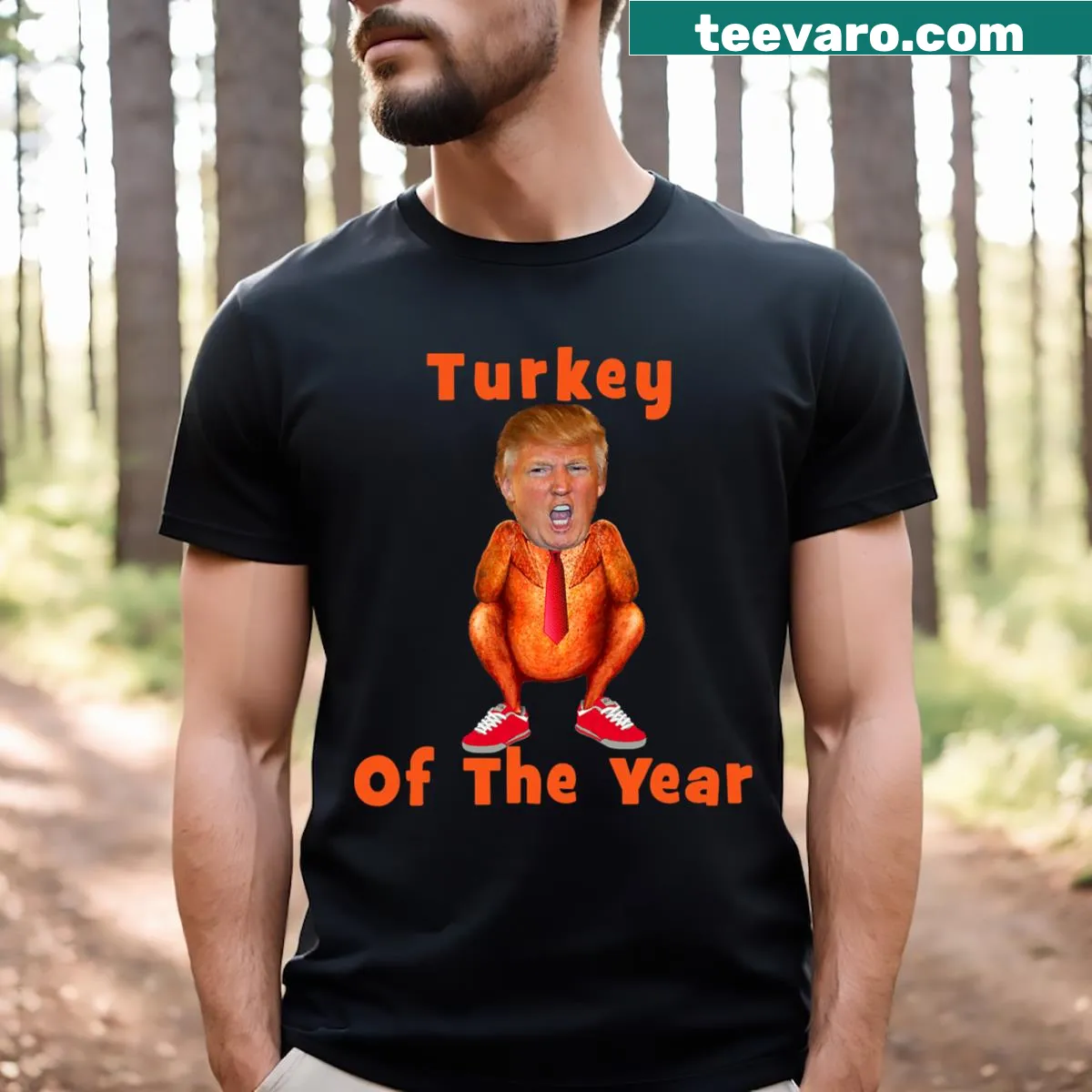 Thanksgiving-themed shirt with 'Turkey of the Year' text — on a men's t-shirt
