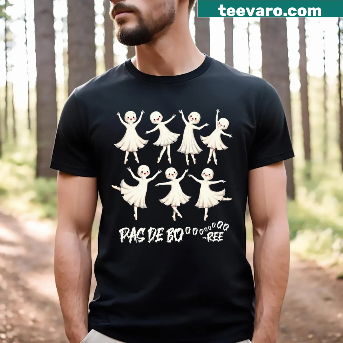 Halloween t-shirt featuring a ghost ballet dancer with the phrase 'Pas De Boo Ree'. — on a men's t-shirt