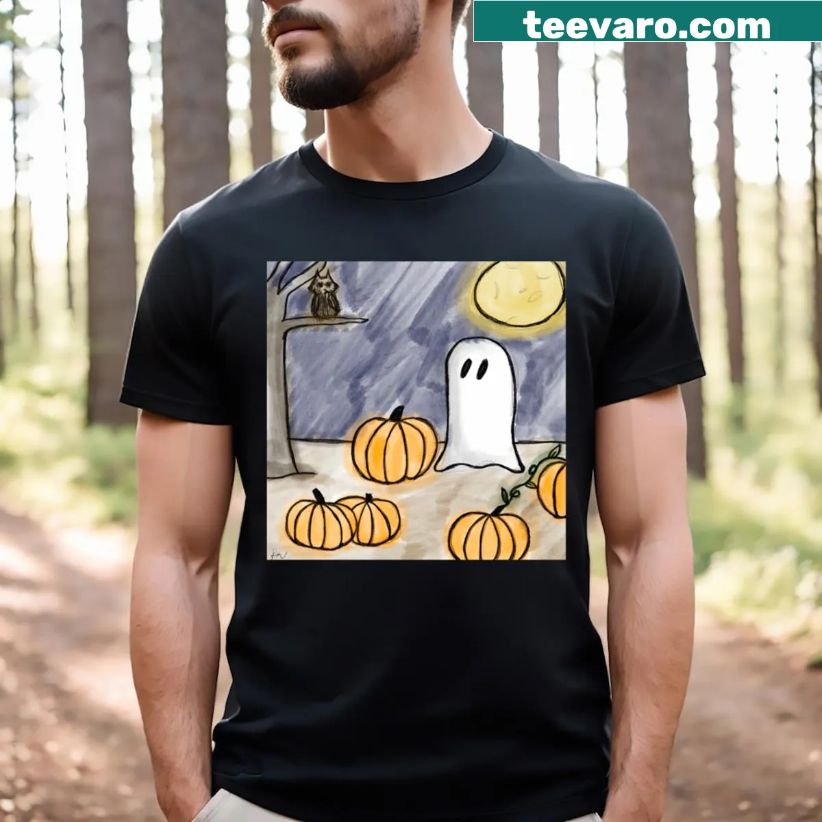 Cute design of a friendly ghost picking a pumpkin for Halloween — on a men's t-shirt