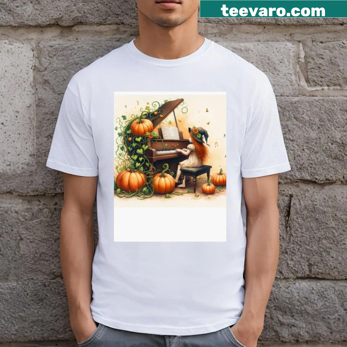 Whimsical Halloween t-shirt featuring a girl in a witch hat playing piano with pumpkins around. — on a men's t-shirt
