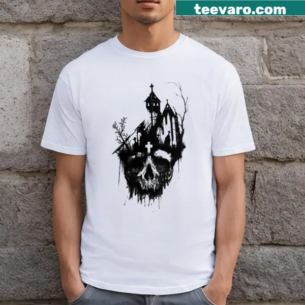 Grunge-style t-shirt with chilling graveyard motif for Halloween