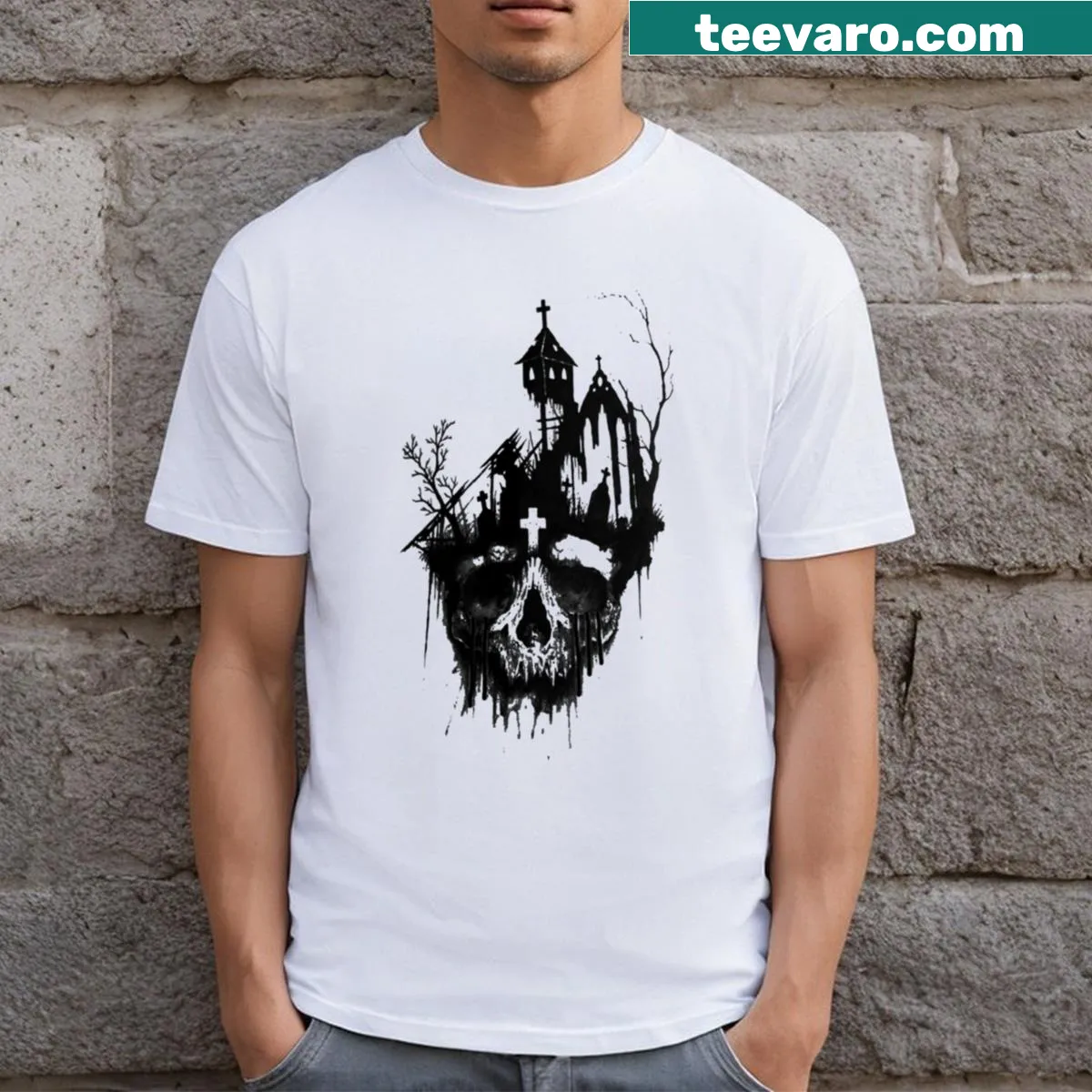 Grunge-style t-shirt with chilling graveyard motif for Halloween — on a men's t-shirt