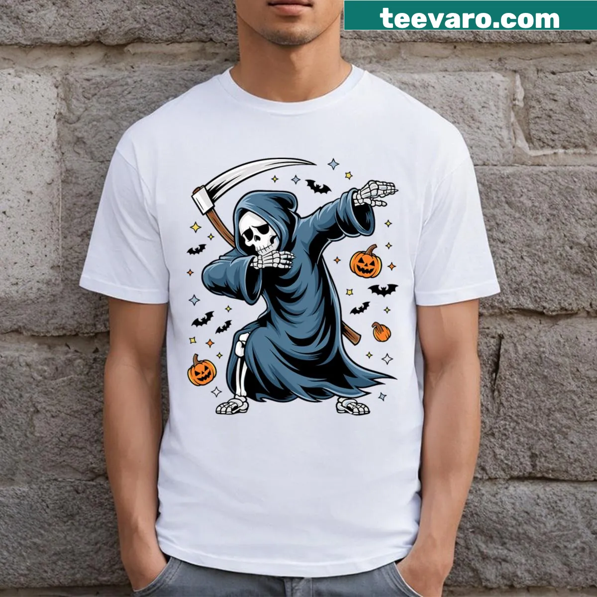 Cartoon Grim Reaper dabbing on a kids' Halloween t-shirt — on a men's t-shirt