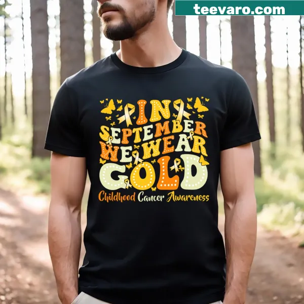 Groovy Childhood Cancer Awareness t-shirt with golden text