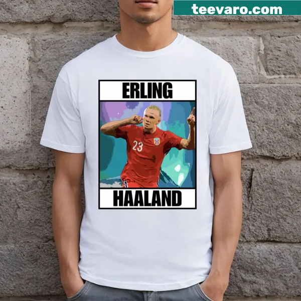 Bold typography featuring the name 'Haaland' on a sports-themed t-shirt
